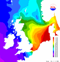 Predicted distribution of surge (m) at 2200 GMT 4/2/1999 from the CS3 model