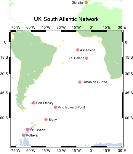 The UK South Atlantic coastal tide gauge network's sites are shown as red dots; Gibraltar is also part of this network. Yellow dots are gauges (not necessarily operational) committed to the GLOSS programme by other countries.