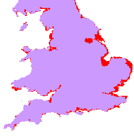 Coastal areas of England and Wales: elevation below computed 1000-yr return period levels